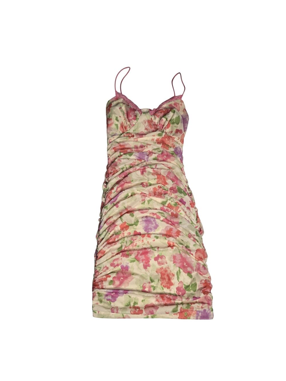 Princess Polly Floral Ruched Mini Dress Pink Mesh Bodycon Lace Trim US 0